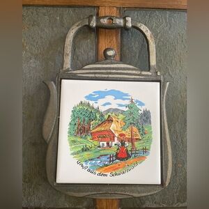 Vintage Black Forest Germany Metal Teapot Shaped Tile Trivet